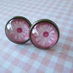 Antique Brass Earrings - Pink Daisies - Post..
