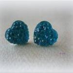 Mini Rhinestone Heart Earrings - Teal - Jewelry By..