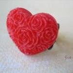 Red Heart On Black Filigree Ring - Adjustable -..