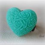 Green Heart On Black Filigree Ring - Adjustable -..