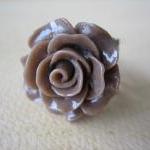 Mocha Brown Rose On Antique Brass Filigree Ring -..