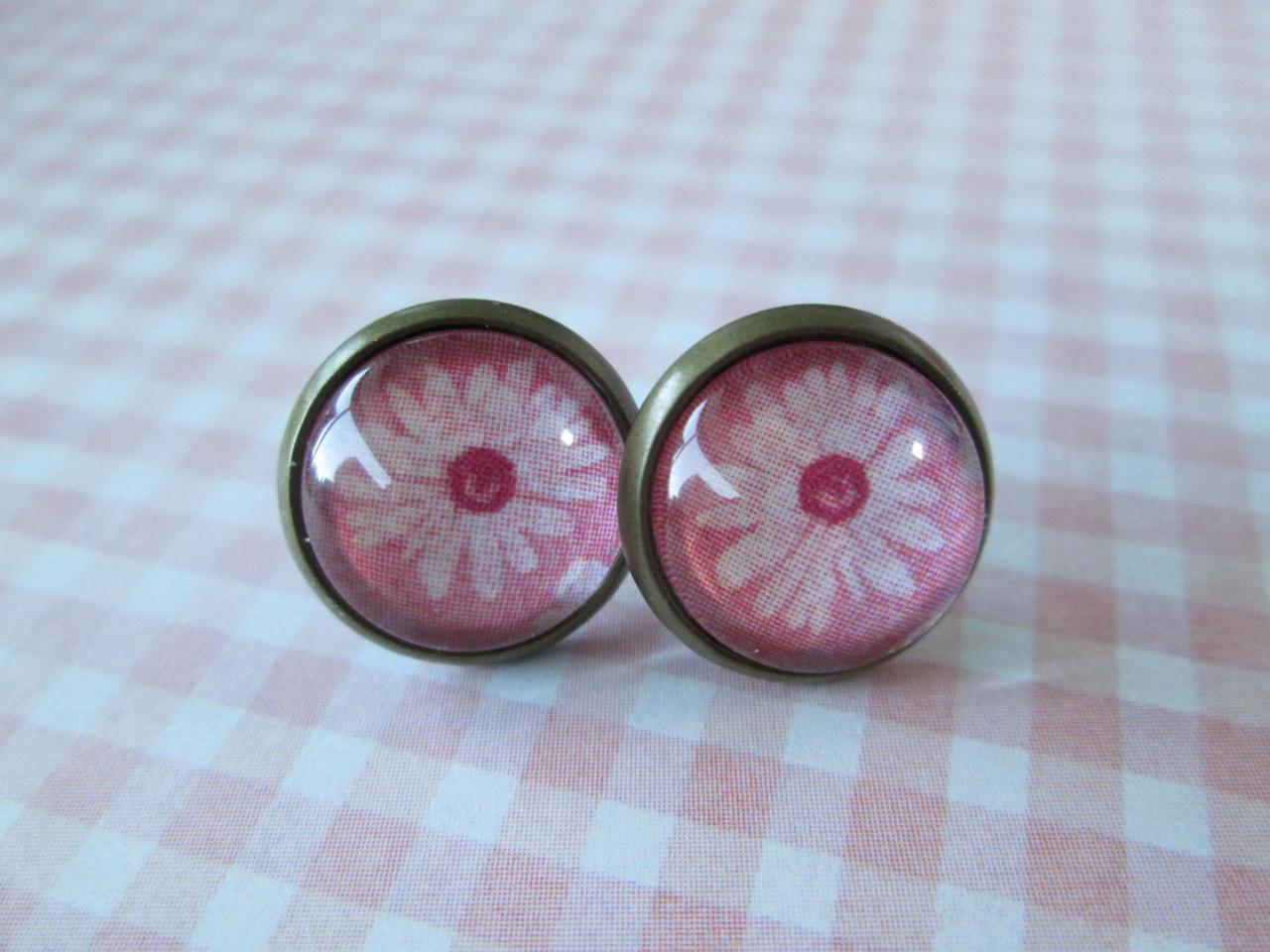 Antique Brass Earrings - Pink Daisies - Post Earrings