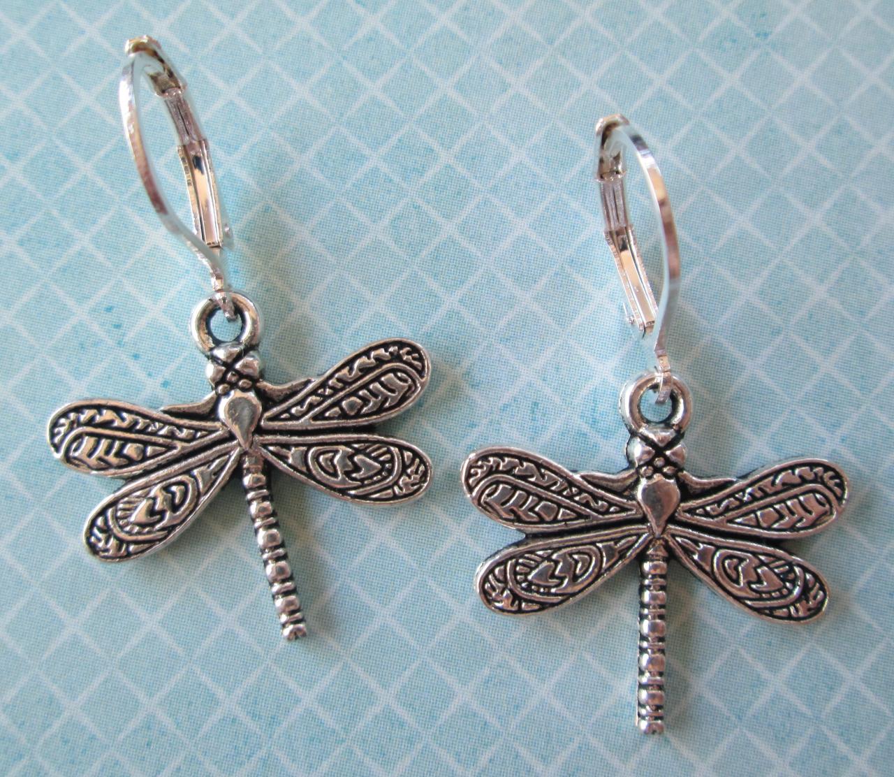 Dragonfly Charm Earrings - Iron Leverback - Jewelry By Five