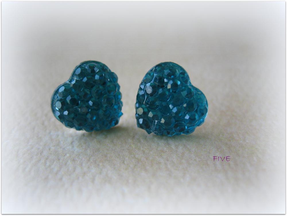 Mini Rhinestone Heart Earrings - Teal - Jewelry By Five