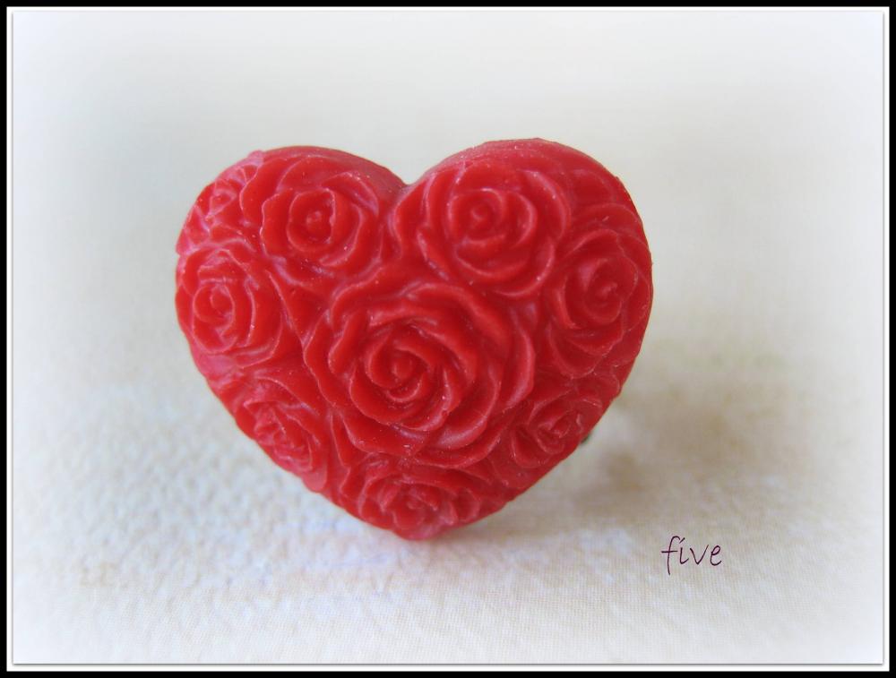 Red Heart On Black Filigree Ring - Adjustable - Jewelry By Five
