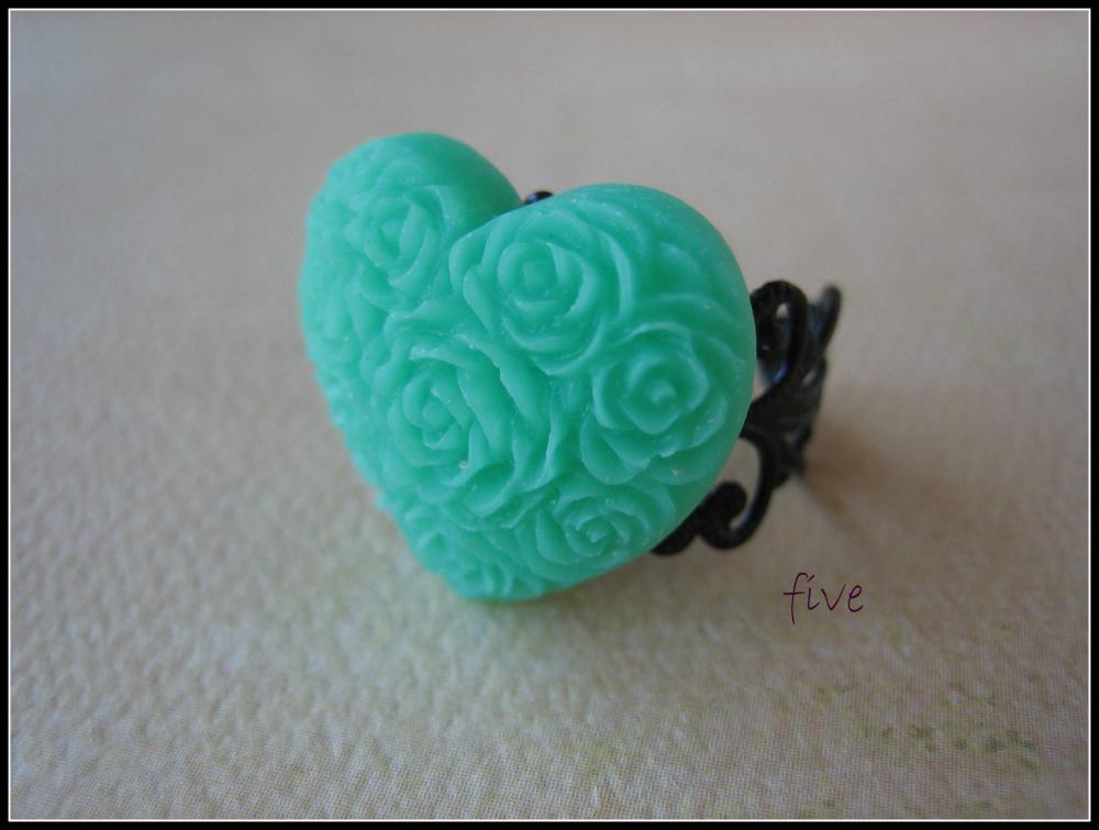 Green Heart On Black Filigree Ring - Adjustable - Jewelry By Five