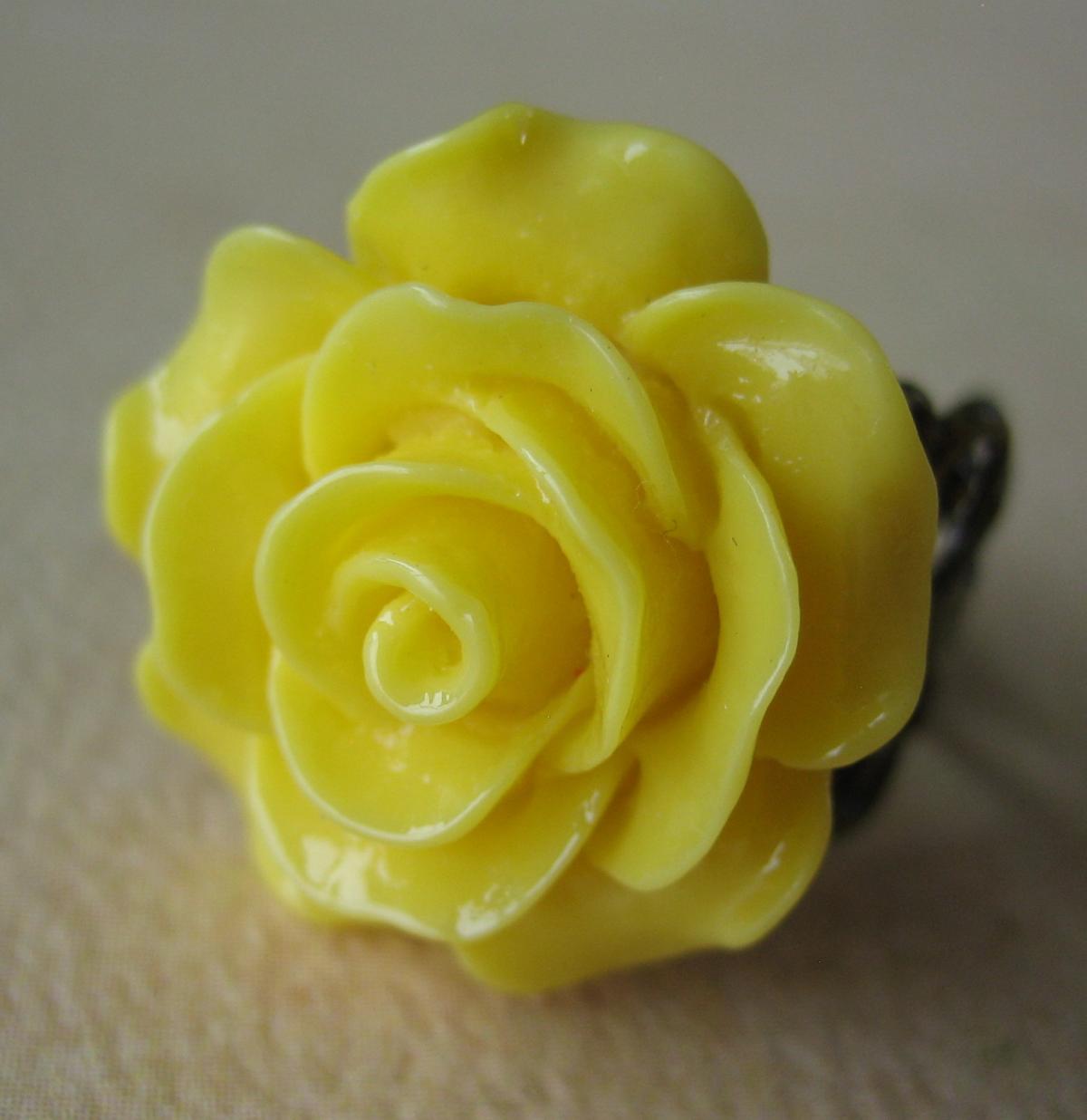 Sunshine Yellow Rose On Antique Brass Filigree Ring - Adjustable - Jewelry By Five